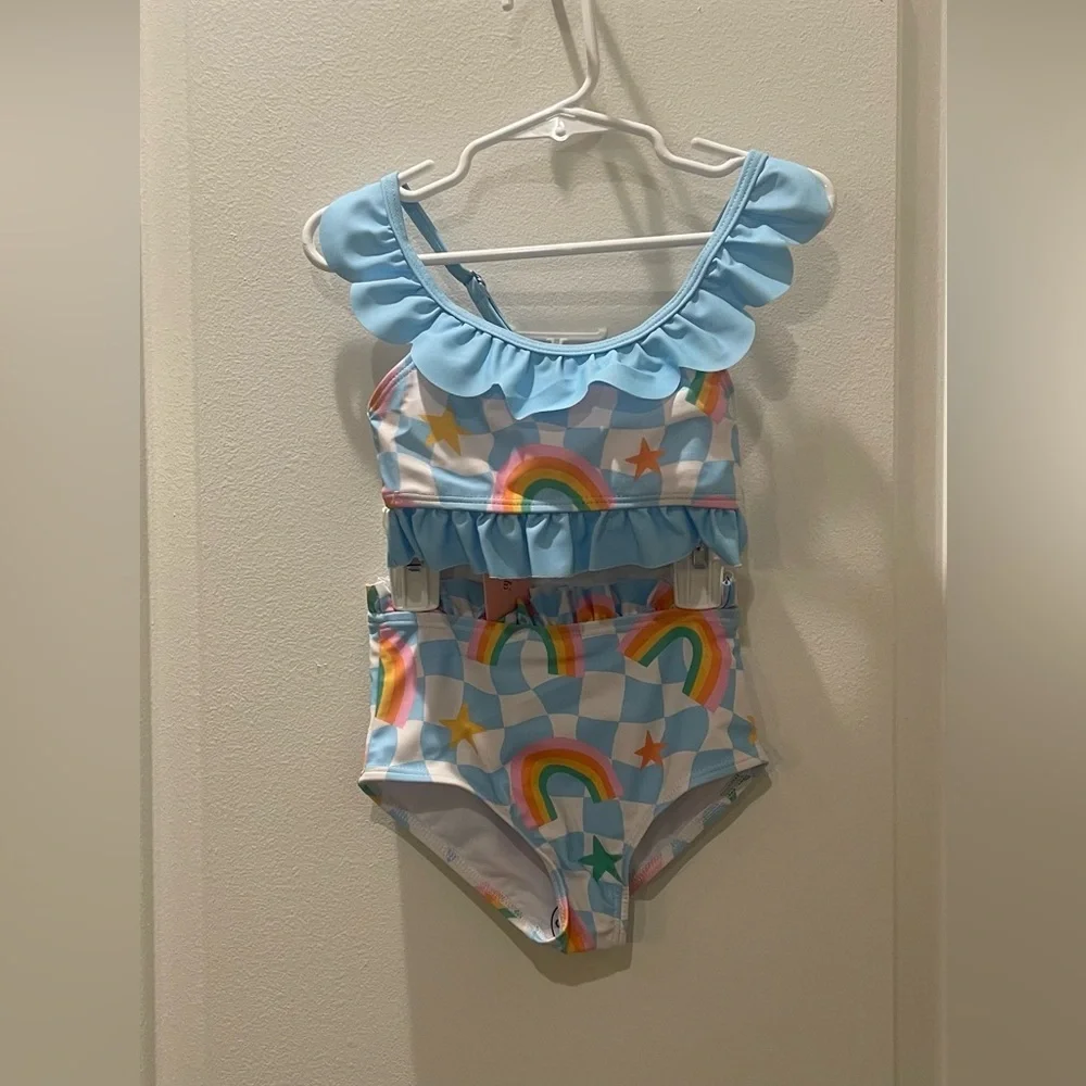 NEW…Girl’s Blue Rainbow Ruffle Two-Piece Swimsuit